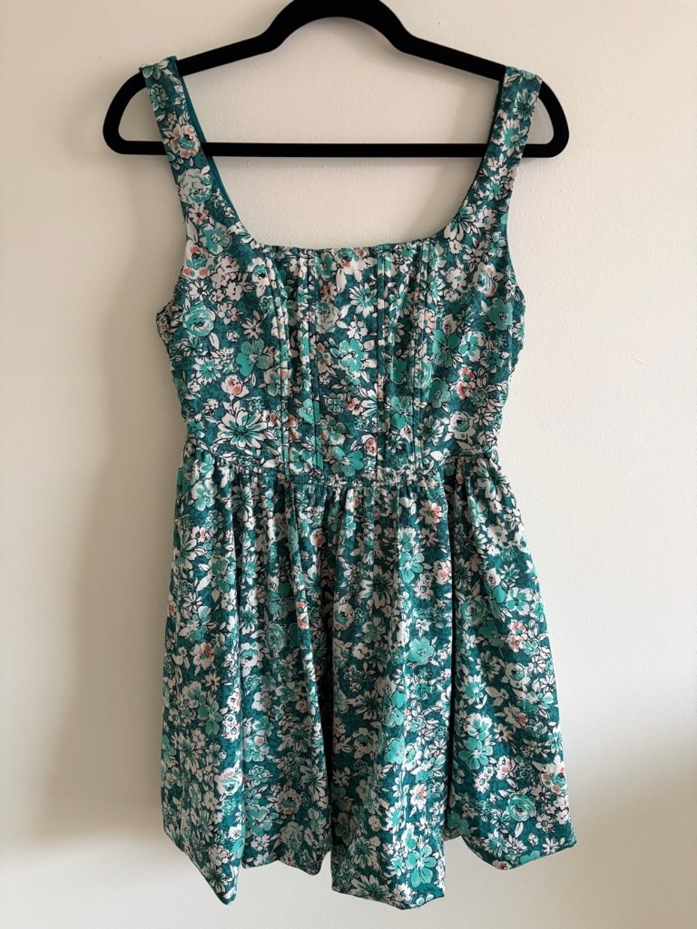 Floral Teal Sundress with Gathered Bodice